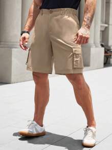Manfinity Homme Men's Solid Color Workwear Cargo Pocket Loose Fit Casual Shorts - Khaki - View 3