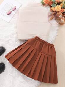 2pcs Tween Girls' Solid Color Zip-Up Vest And Pleated Mini Skirt Set, Summer School Style