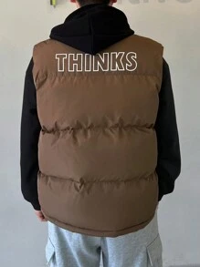 DAZY Men's Padded Vest With Letter Print, Winter Jacket - Khaki - View 2