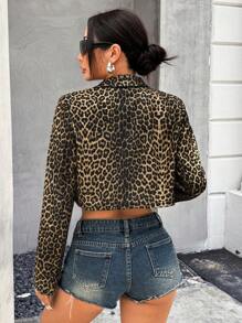 SHEIN EZwear Fashion Leopard Print Crop Blazer For Dailywear - Coffee Brown - View 2
