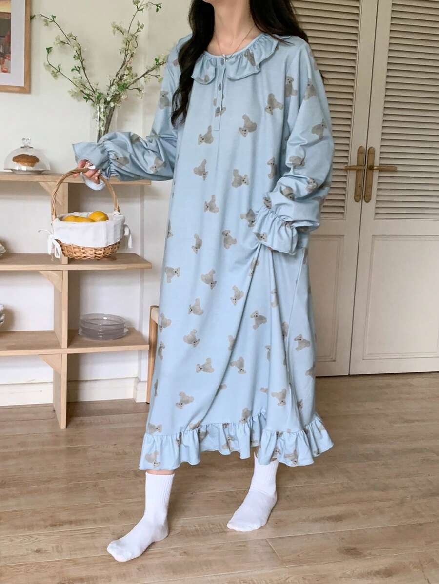 DAZY Cute Bear Pattern Ruffle Hem Loose Sleep Dress, Moo Moo, Fall Pajama, Winter - Blue - View 1