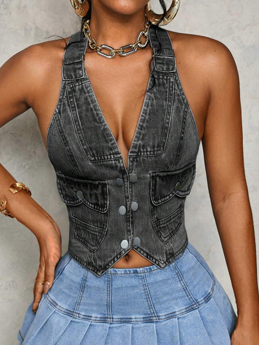 Slaydiva Veste en jean sans manches femme à décolleté plongeant et col bénitier sexy, pour l'été - Gris pâle - Voir 1