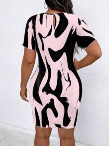 Flirla Plus Size Crew Neck Pleated Print Dress - Multicolor - View 2