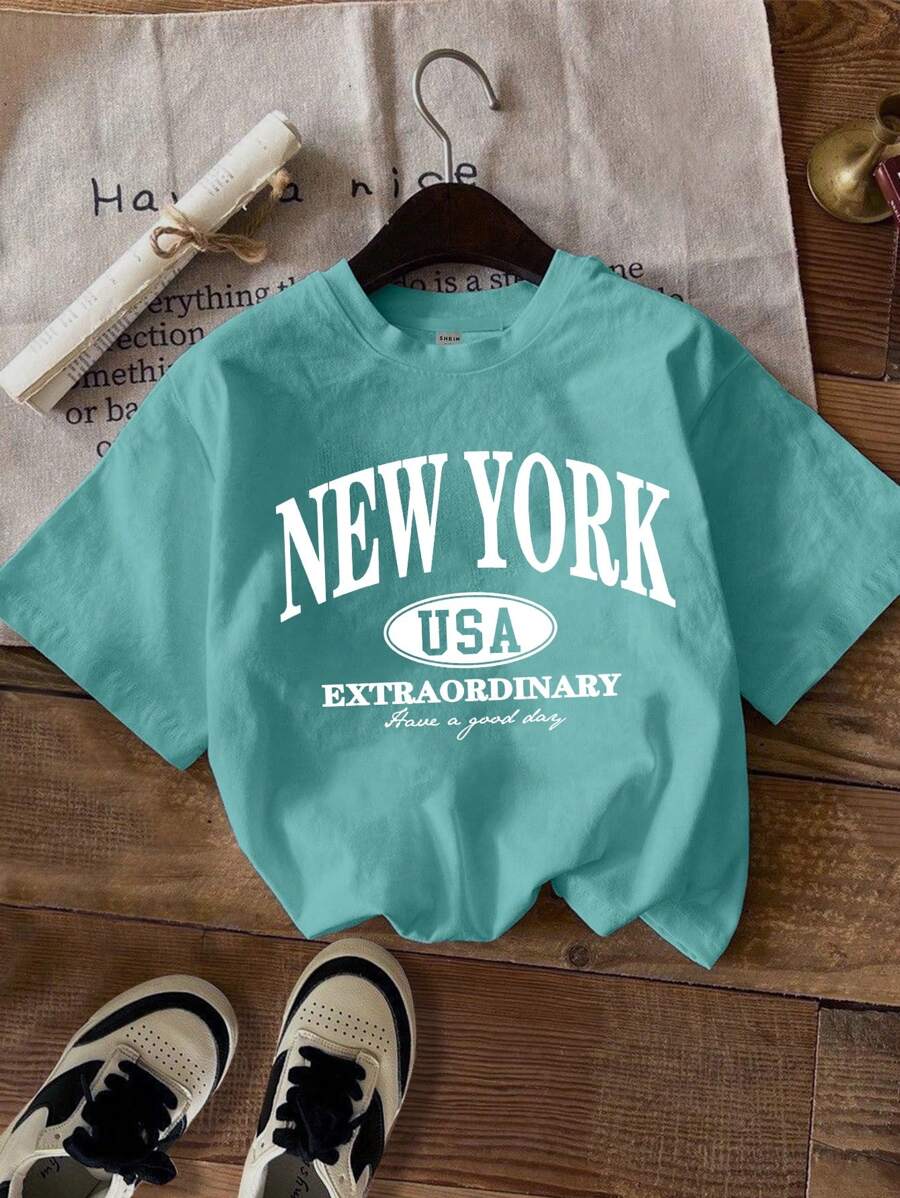 SHEIN EZwear 休闲超大纽约图案印花圆领短袖 T 恤女款，夏季 - 綠色 - 查看 1