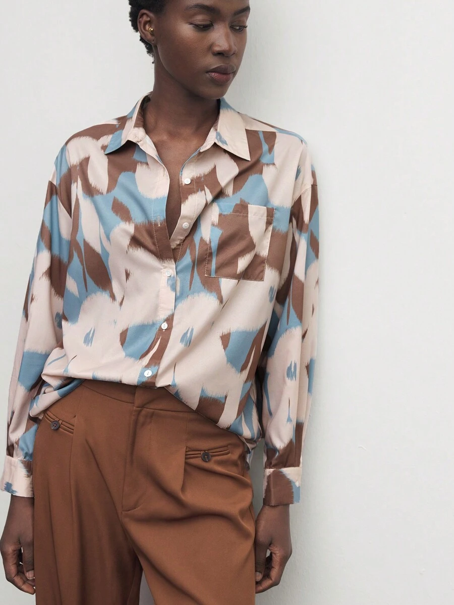 BizChic 女士印花长袖衬衫，百搭款式，适合都市通勤、办公室、商务休闲场合，优雅女士正式上衣 - 彩色 - 查看 1