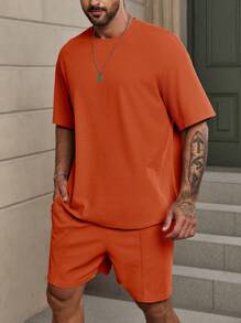 Manfinity Homme Loose Fit Men Solid Drop Shoulder T-Shirt & Shorts Set - Orange - View 3
