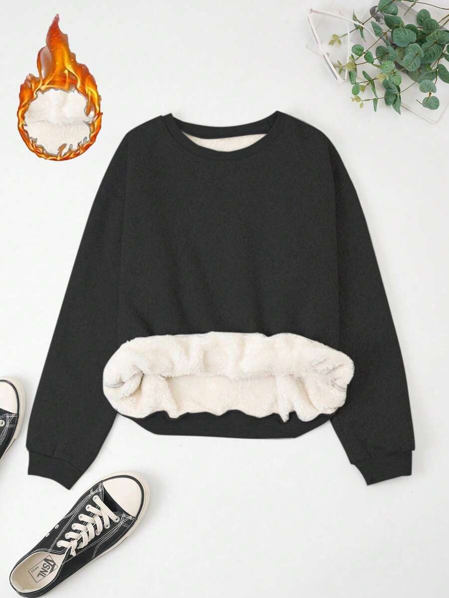 EMERY ROSE Sudadera de forro polar de manga larga con cuello redondo en color liso, para uso diario para mujer, blusas de manga larga