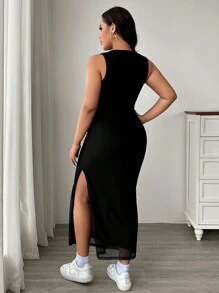 SHEIN EZwear Plus Size Women's Solid Color Minimalist Daily Sleeveless Mesh Slit Pleated Dress - Black - View 2
