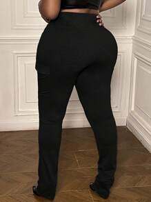 Slaydiva Jeggings de punto de unicolor con bolsillos utilitarios para mujer talla grande - Negro - Ver 6
