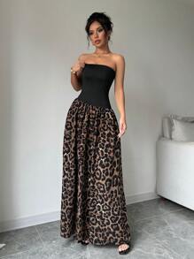 Elenzga 女式豹纹拼布无袖连衣裙 女式长款套装 - 黑色 - 查看 6