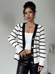 Chiquease Black & White Striped Deep V-Neck Sweater Cardigan - Black and White - View 1