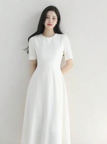 DAZY Women Solid Color Waist Slim Fit Round Neck Dress, White, Spring/Summer Sundress - White - View 7