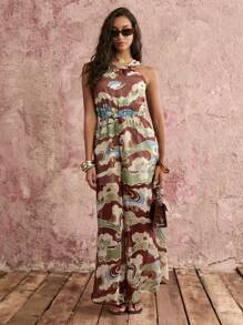 COSMINA Vintage Elegant Chinese Style Cloud Smoke Print Women's Chiffon Sleeveless Chest Gathered Wide Leg Jumpsuit - Multicolor - View 3