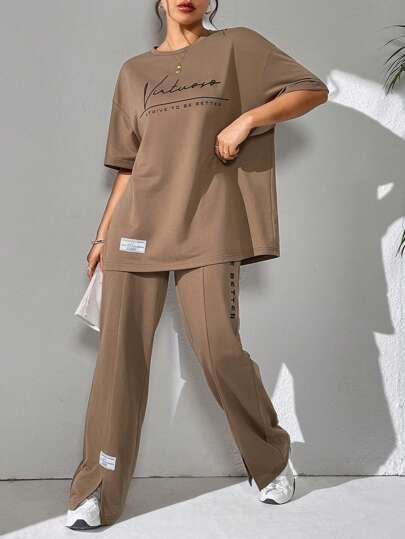 Mulvari 女式夏季标语印花落肩 T 恤和休闲裤 2 件套，休闲装运动服 2 件套休闲套装，适合散步/运动/返校和日常休闲装 2 件套