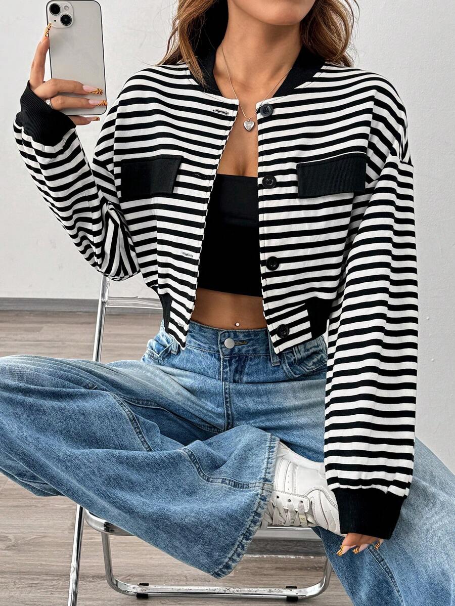 SHEIN LUNE Women's Hip Length Striped Bomber Jacket Fall Cloth For Women
