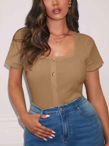 Auralis Plus Size Cổ tròn trơn đơn ngực ngắn tay áo thun đơn giản thông thường - Lạc đà - Xem 5