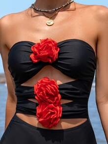 SHEIN Swim Women's Colorblock Floral 3D Decor Tube Top One Piece Swimsuit - Multicolor - View 3