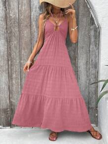 SHEIN LUNE Váy trơn có họa tiết buộc dây màu trơn dành cho nữ dành cho kỳ nghỉ - Bụi hồng - Xem 6