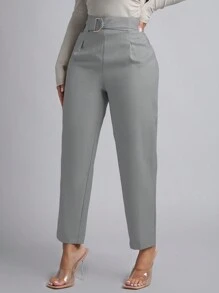 SHEIN PETITE Pantalones entallados con cinturón de color sólido para primavera - Gris - Ver 5