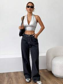 Muchica Camiseta de tirantes elástica con escote halter y espalda descubierta plisada de color liso - Plateado - Ver 3