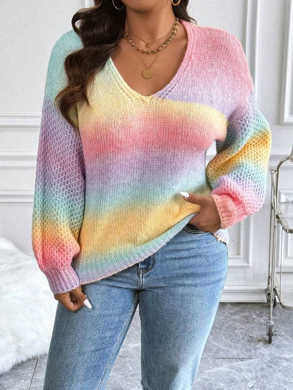 EMERY ROSE Plus Size Rainbow Ombre Knitted Drop Shoulder Sweater  Fall Winter Outfit Autumn