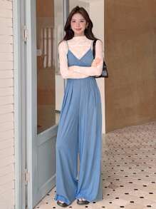 EastFlair 2pcs Women's Lace See-Through Long Sleeve Top &V-Neck  Wide Leg Jumpsuit Set,Fall Clothes