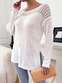 Chiquease Round Neck Long Sleeve Hollow Patchwork Minimalist Sweater For Casual Wear