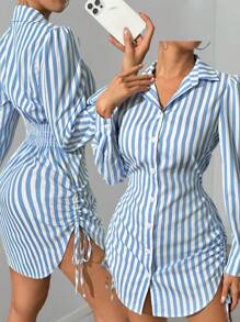 Avenne Women's Spring & Summer Striped Side Drawstring Long Sleeve Shirt Dress Fall Cloth For Women