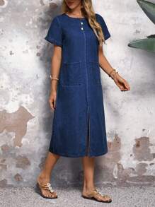 SHEIN LUNE Women's Solid Color Simple Casual Dark Color Round Neck Short Sleeve Denim Dress
