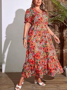 SHEIN Holidaya 大码 V 领纽扣短袖花卉印花高开叉优雅连衣裙 - 棕色 - 查看 4