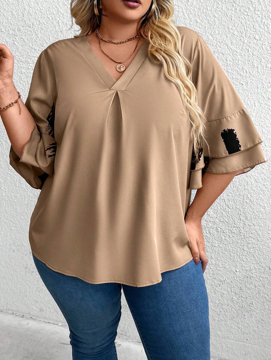 SHEIN CURVE+ Plus Size Women V-Neck Loose Casual Short Sleeve Blouse - Khaki - View 1