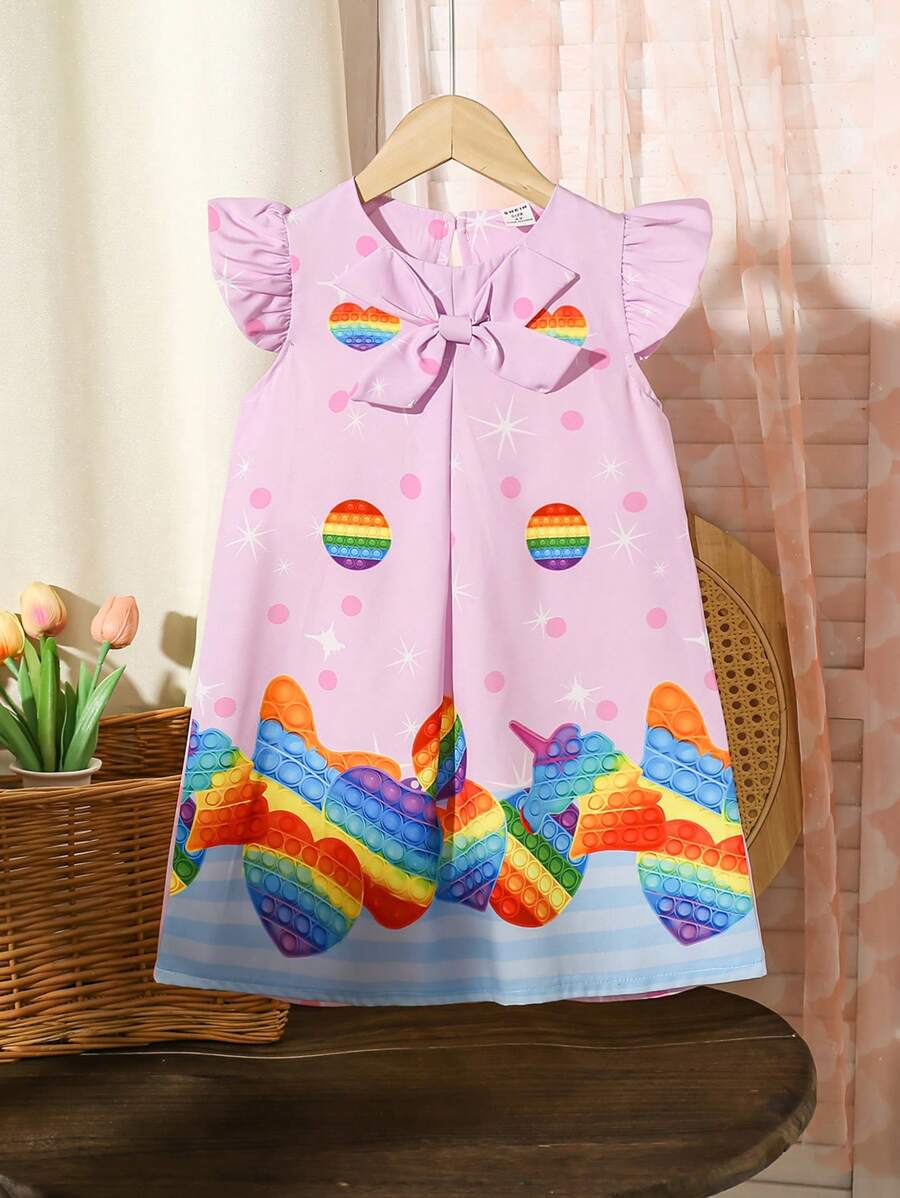 SHEIN Kleinkind Mädchen Sommerkleid, leicht, süß, lustiges Regenbogen-Tupfen-Herz-Muster mit Schleifen-Dekor, Prinzessin Kleid mit Puffärmeln für Geburtstag, Hochzeit, Taufe