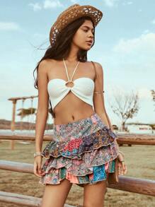 Soleia Váy mini nhiều lớp họa tiết Paisley cho kỳ nghỉ thường ngày cỡ lớn dành cho nữ, váy mini phong cách Bohemian - Nhiều màu - Xem 6