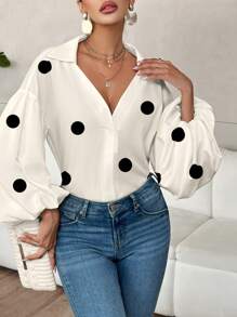 Firerie 女士优雅度假和办公室时尚灯笼袖纽扣 V 领波尔卡圆点印花白衬衫 - 白色 - 查看 4