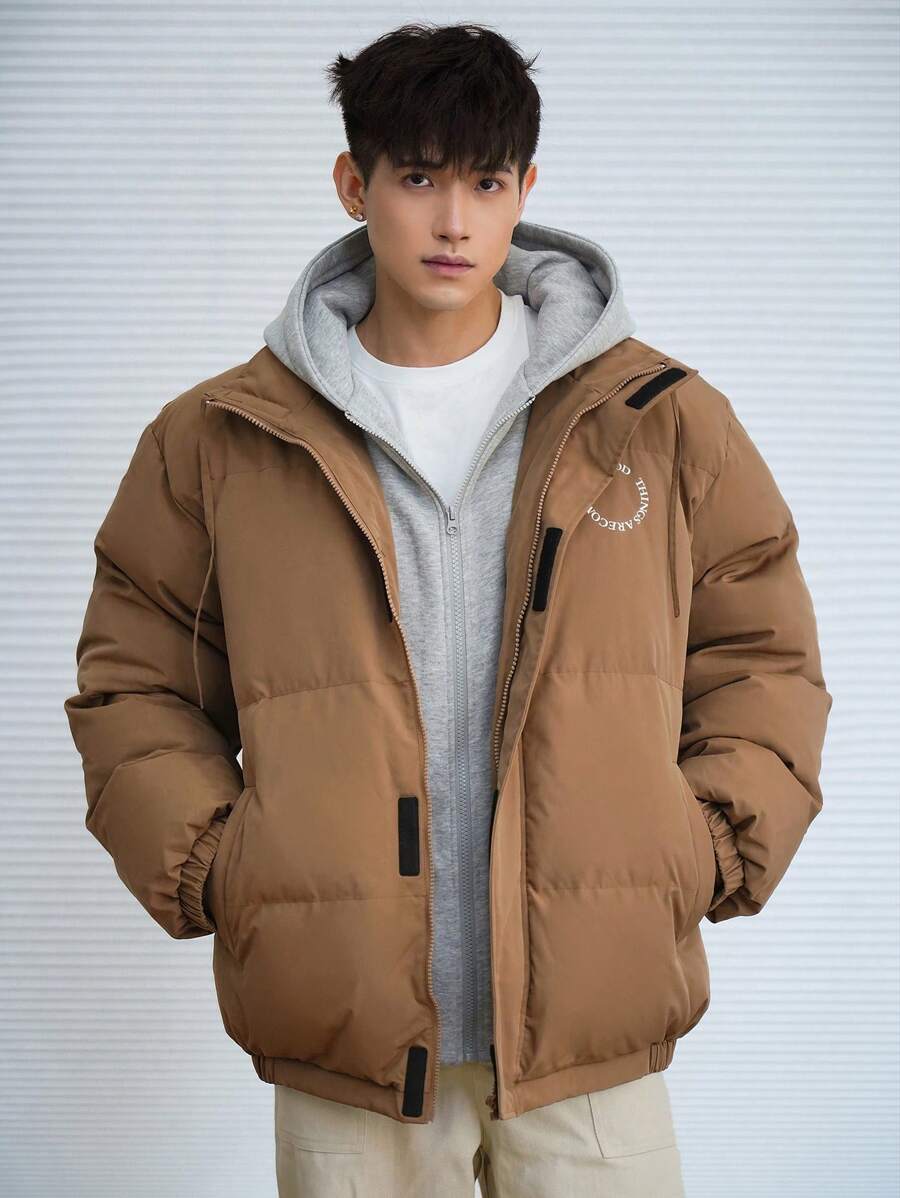 DAZY Men's Casual Hooded Padded Coat With Letter Print 2 In 1 Jacket Winter - Khaki - View 1