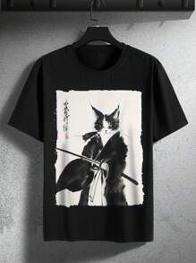 Manfinity Homme Camiseta casual de cuello redondo de manga corta con estampado de gato para hombre - Negro - Ver 4