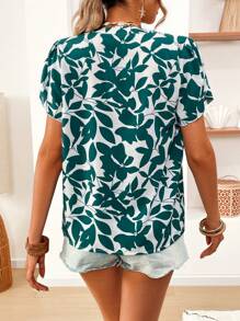 SHEIN VCAY Áo sơ mi tay loe cổ chữ V in hình cây kỳ nghỉ dành cho nữ - Nhiều màu - Xem 2