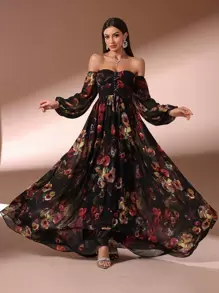 女士花卉印花露肩长款晚礼服 - 彩色 - 查看 1