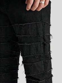 Manfinity Roghcode Men's Black Denim Frayed Trim Skinny Jeans Slim Fit Plain Black Jeans, For Husband, Boyfriend Gifts