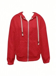 SHEIN LUNE Red Long Sleeve Hooded Sweatshirt With Pockets, Textured Pattern, For Autumn & Winter Fall Sweatshirt - Red - View 3