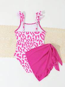 Young Girl Swimsuit, Random Floral Print Spaghetti Strap Ruffled Monokini Top With Ruffle Hem Bottom - Hot Pink - View 2