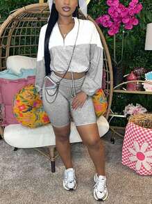 INAWLY 2pcs Plus Size Women's Contrast Color Hooded Sweatshirt And Solid Shorts Set Fall Cloth For Women - Multicolor - View 3