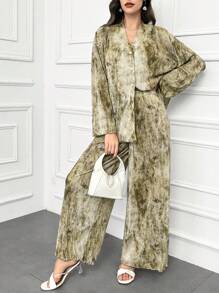 Modelyn Women's Batik Print Drop Shoulder Long Sleeve Top And Loose Casual Pants 2pcs Set, Spring Summer 2 Pieces Set