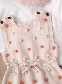 Baby Girls Knitted Romper With Pompom Decoration, Casual & Cute Spring/Autumn Outfit - Apricot - View 3