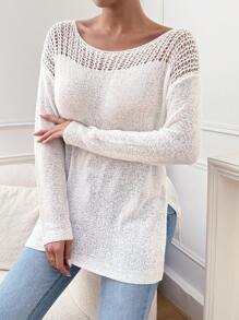Chiquease Round Neck Long Sleeve Hollow Patchwork Minimalist Sweater For Casual Wear