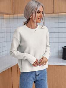 SHEIN LUNE Plain Crew Neck Long Sleeve Minimalist Knitted Sweater, Casual Everyday Wear,Long Sleeve Tops, Fall Winter - White - View 6