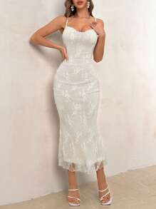 Firerie Elegante y romántico vestido de sirena de punto blanco para mujeres con camisola de encaje para la temporada de bodas, citas, vacaciones y fiestas