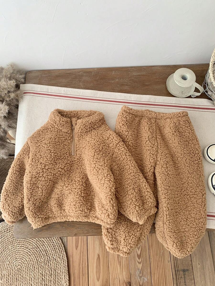 SHEIN LMoss Kids 2 件装女婴保暖毛绒立领夹克和松紧腰裤保暖内衬套装，秋冬季 - 淺灰色 - 查看 1