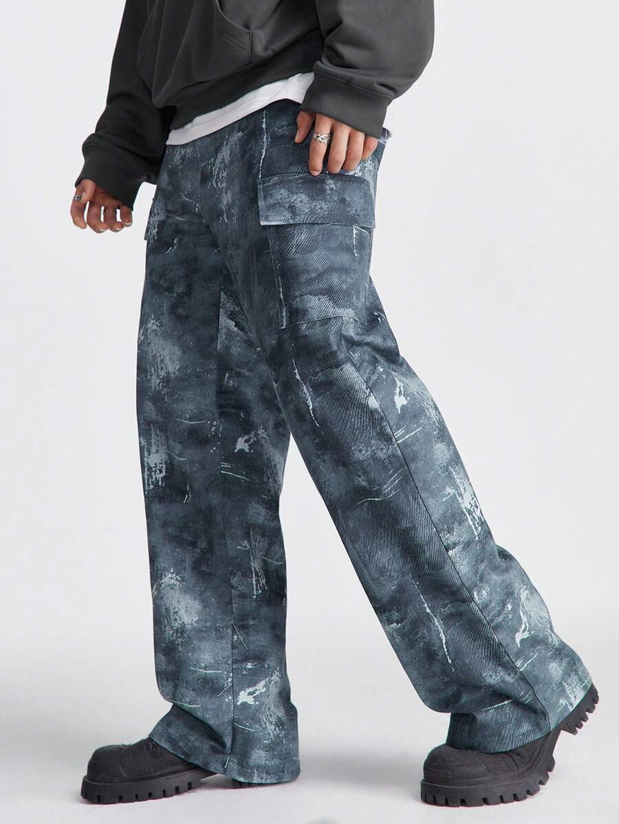 Manfinity VCAY 男士扎染印花工装口袋直筒休闲裤 - 彩色 - 查看 1