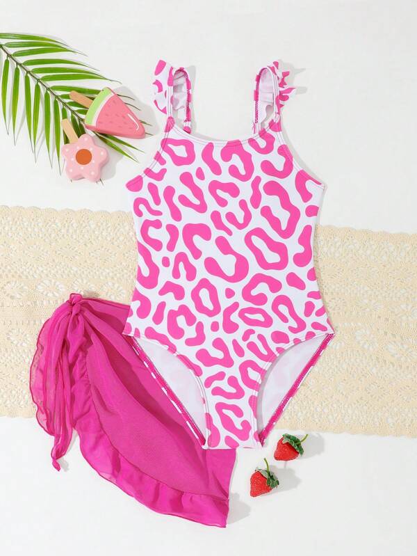 Young Girl Swimsuit, Random Floral Print Spaghetti Strap Ruffled Monokini Top With Ruffle Hem Bottom